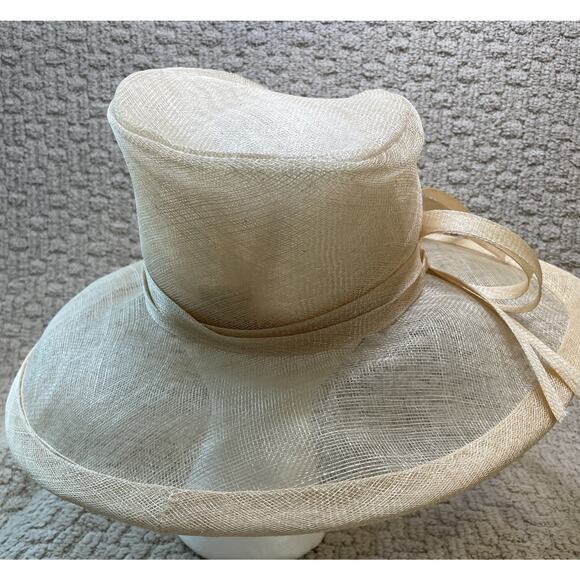 Marzi Natural Wide Brim Straw Hat OS Neiman Marcus Bow Asymmetric Chin Strap